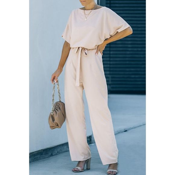 Azura Exchange  Apricot Oh So Glam Belted Wide Leg Jumpsuit - Picture 1 of 15